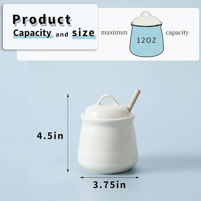 HAOTOP Ceramic Honey pot with Lid and Honey Dipper,Porcelain Honey Jar Easy to Clean and Dishwasher Safe,12oz (Beige)