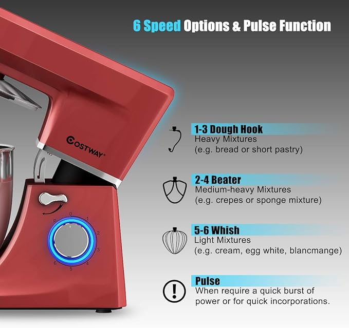 COSTWAY Stand Mixer, 6-Speed 7.5 QT Tilt-head Electric Kitchen Food Mixer 660W with Stainless Steel Bowl, Dough Hook, Beater, Whisk