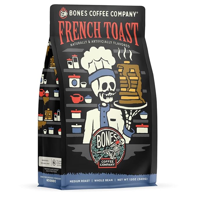 Bones Coffee Company French Toast, Sweet and Buttery Flavored Flavored Coffee, Medium Roast Low Acid Arabica Beans Compatible with Auto drip and French Press Coffee Maker, 12 Oz Whole Bean