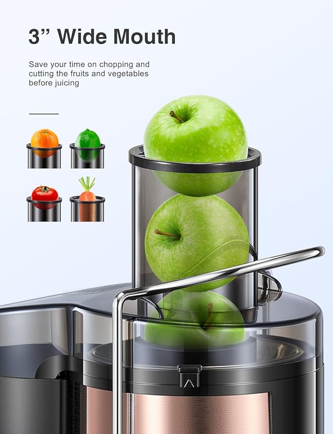Juicer Machine, 800W Centrifugal Juicer Extractor with Wide Mouth 3” Feed Chute for Fruit Vegetable, Easy to Clean, Stainless Steel, BPA-free (Rose Gold)