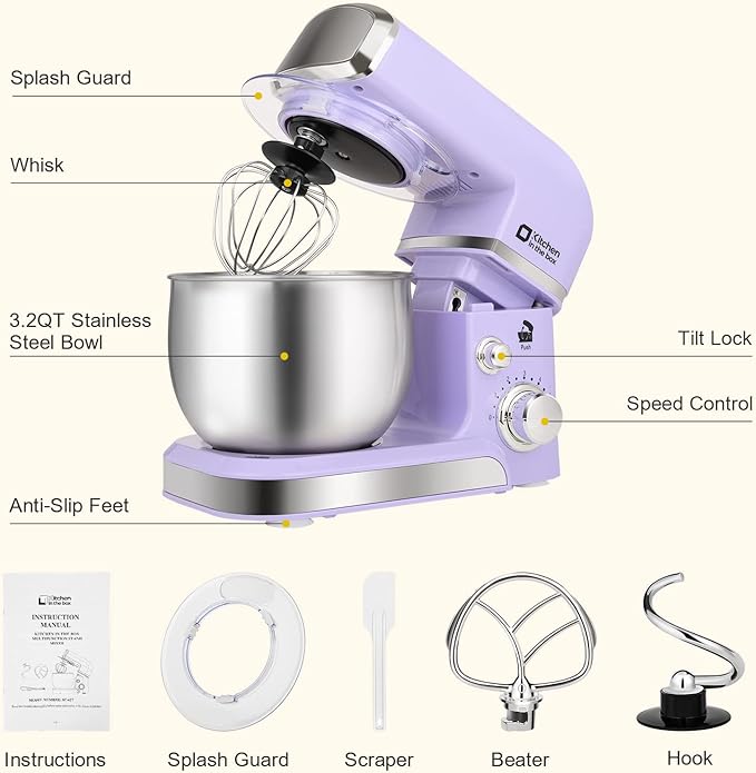 Stand Mixer, Kitchen in the box 3.2Qt Small Electric Food Mixer,6 Speeds Portable Lightweight Kitchen Mixer for Daily Use with Egg Whisk,Dough Hook,Flat Beater (Purple)