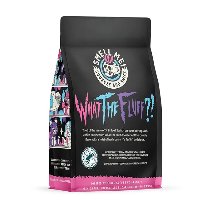 Bones Coffee Company What the Fluff?! Berry Cotton Candy Flavored Coffee, Medium Roast Low Acid Arabica Beans Compatible with Auto drip and French Press Coffee Maker, 12 Oz Ground