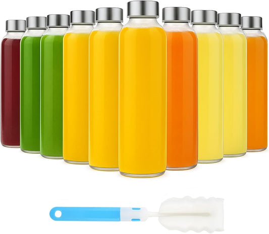 [10 Pack]18 oz Glass Water Bottles with Lids, Juice Bottles, Clear glass juice bottle for juicing, Eco-Friendly Reusable Glass Juicing Bottles with Stainless Steel Lid, BPA Free,Leak-Proof