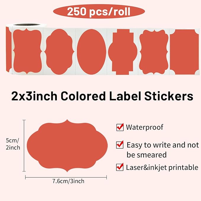 Red Labels - 250 PCS 3" x 2" Fancy Shape Stickers for Storage Box or Food Jars