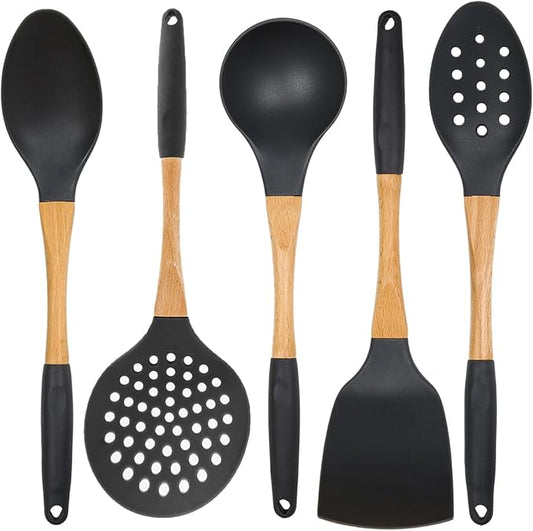 Beille 5pc Dark Grey Nylon Wooden Kitchen Utensils with Cooking Spoons, Soup Ladle, Skimmer Spoon and Spatula, 13 Inch