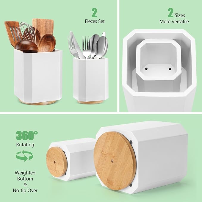 2 Pack Wooden Utensil Holder, 360°Rotating Kitchen Cooking Utensil Crock, Spoon Spatula Holder for Kitchen Counter, Farmhouse Countertop Organizer(White,Square)