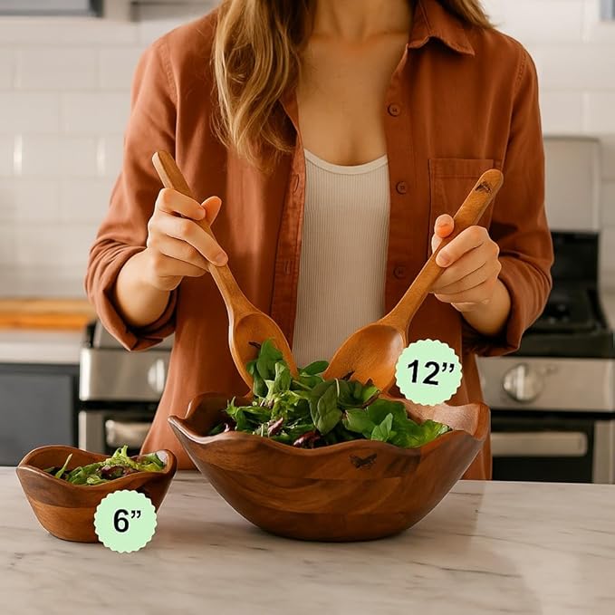 Melvvi Large Wooden Salad Bowl Set with 2 Small Bowls and 2 Serving Utensils | 12" & 6" Acacia Wood Bowls for Food | Great Gift for Kitchen & Dining (Natural Set of 5) (Natural Set of 5)