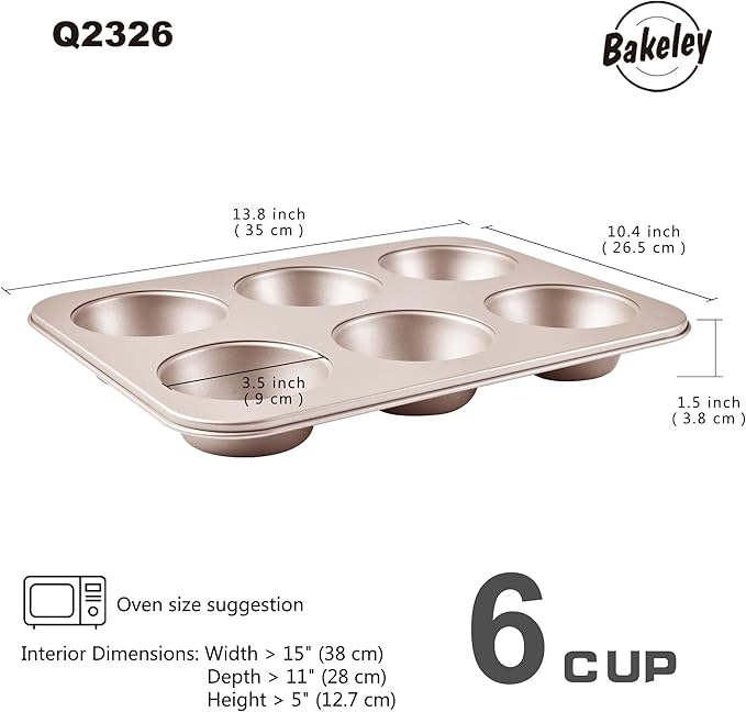 Muffin Cake Pan, 13-inch Non-Stick 6-Cavity Cupcake Pan Bakeware for Oven Baking (Champagne Gold)