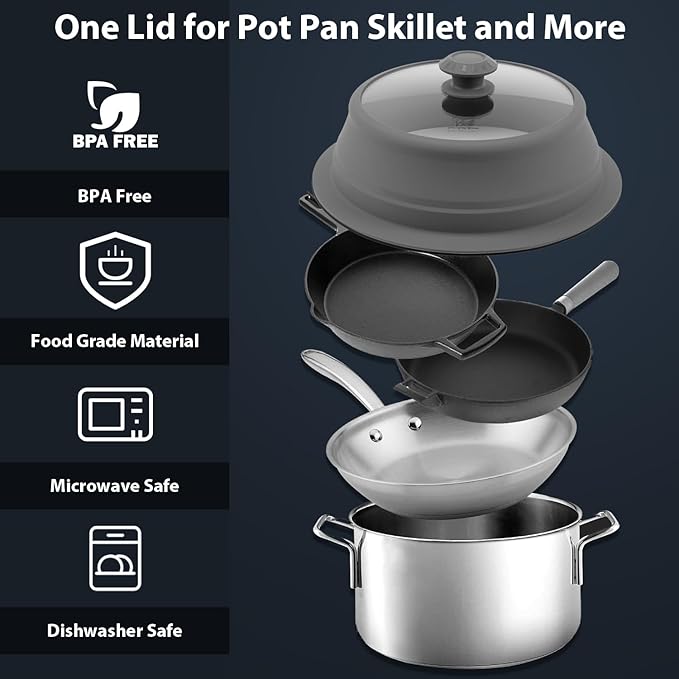 Collapsible Microwave Splatter Lid with Vented Tempered Glass Cover Wok Lid for Microwave Safe, Stockpot Steamer Pot Pan 10.5-11 inch Universal Multifunction Silicone Cover