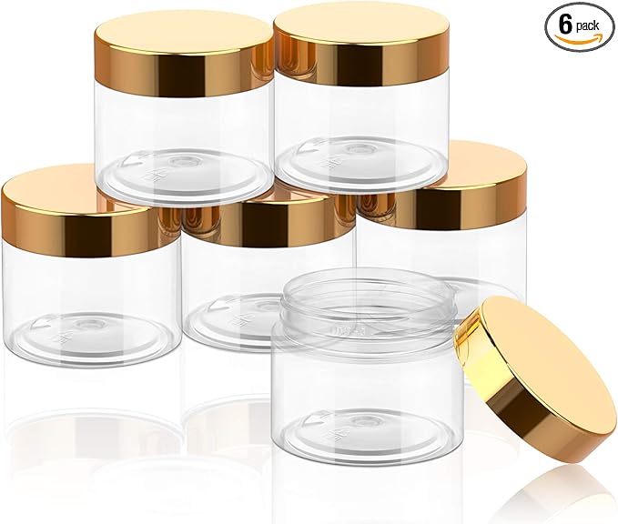 SATINIOR 6 Pack 2 oz Plastic Jars Containers with Lids Wide-mouth Refillable Leakproof Reusable Round Empty Jars for Travel Cosmetic Dry Food Spice Candy Cookie Home Kitchen Organizing(Gold)