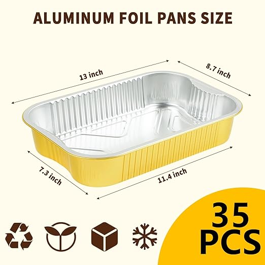 35 Pack Aluminum Pans Half Size 9x13 Extra Heavy Duty, Disposable Gold Aluminum Foil Baking Pan Double Thick Tin Foil Food Container - Half Size Steam Table Deep Pans for Baking, Heating, Cooking