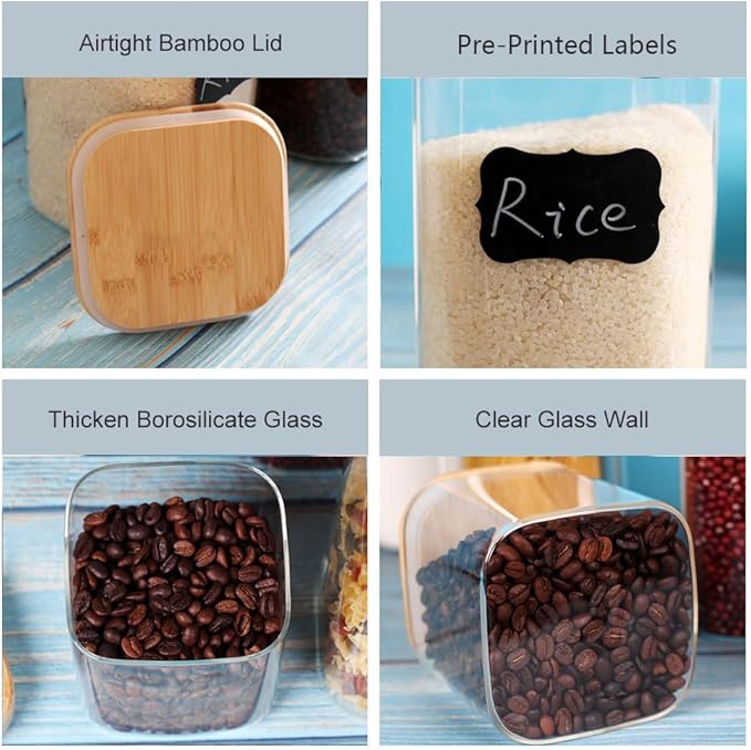 Large Glass Flour and Sugar Containers, Set of 2-120 oz Glass Food Storage Containers with Airtight Lids, Square Glass Jars with Bamboo Lids for Rice, Pasta, Cookies, Sugar