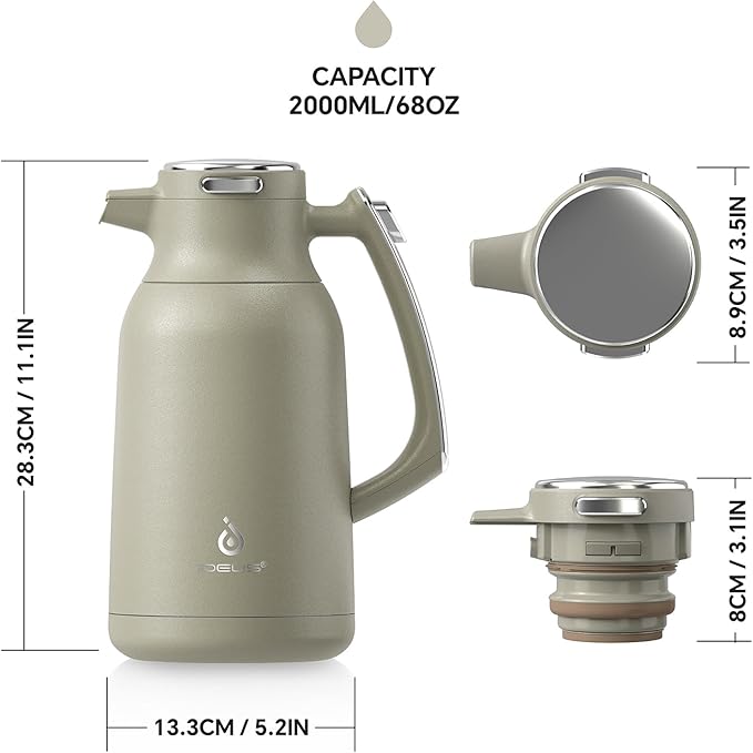 IDEUS Thermal Coffee Carafe 68oz (2,000ml), Stainless Steel Double Wall Insulated Vacuum Flask, Water Jug Coffee Server and Beverage Dispenser, Heat and Cold Retention (Celadon, 68oz (2,000ml))