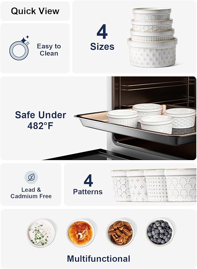 LE TAUCI Ramekins 6 oz, Ramiken for Creme Brulee, Lava Cake,Pudding, Souffle, Small Sauce Bowl,Ceramic Baking Dishes- 4 inch, Set of 4, Arctic White