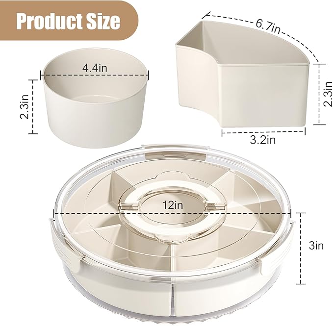 Divided Serving Tray with Lid and Handle,Large Snack Spinner,Snackle Box Container, Multi-Purpose Food Platter for Charcuterie Veggie Fruit, Taco Tuesday Movie Night Travel Beach Picnic Essentials