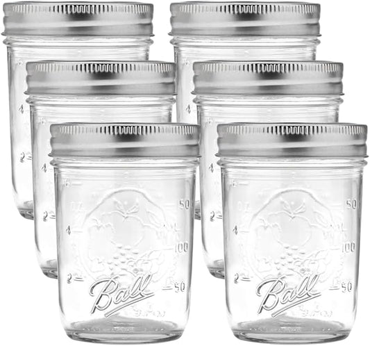 Ball Regular Mouth Glass Mason Jars with Lids and Bands, Used for Canning (Half Pint, 8 Ounce (Pack of 6))