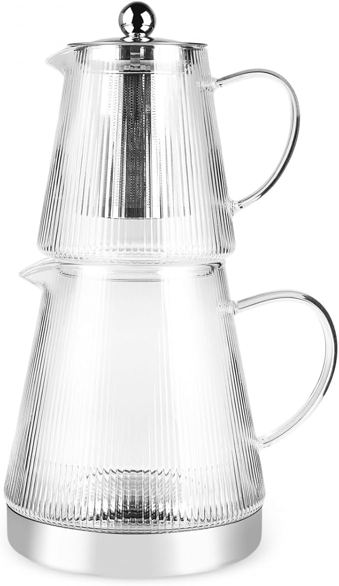 Karaca Keops XL Borosilicate Glass Teapot with Infuser and Lid for Stovetop, Transparent Silver, 1L Tea Pot & 2L Tea Kettle Set for Loose Leaf & Herbal, Dishwasher Safe