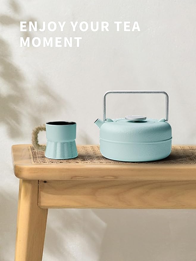 Toptier Teapot with Removable Infuser, Cast Iron Tea Kettle Stovetop Safe, Solid Geometry Cylinder Design Tea Pot Coated with Enameled Interior for 27 Ounce (800 ml), Babyblue