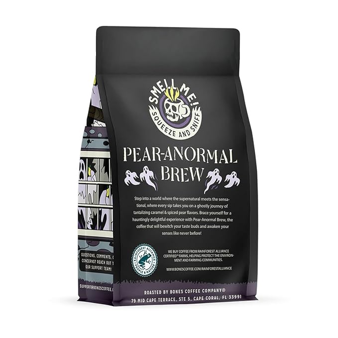 Bones Coffee Company Pear-Anormal, Caramel and Spiced Pear Flavored Coffee, Medium Roast Low Acid Arabica Beans Compatible with Auto drip and French Press Coffee Maker, 12 Oz Whole Bean