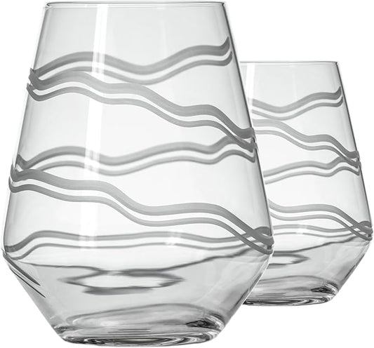 Rolf Glass Good Vibrations Stemless Wine Glass | 18oz Set of 2 | Lead-Free and Diamond-Wheel Engraved | Proudly Made in the USA | Etched Spiral Design