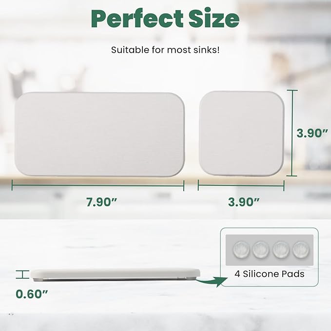 3PCS Water Absorbing Diatomaceous Earth Tray for Sink, Fast Drying Soap & Toothbrush Holders for Bathroom Counter, 1 Stone Tray, 2 Stone Coasters