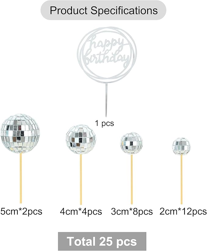 BEISHIDA 27 PCS Disco Ball Cake Topper 1970s Disco Decorations Mirror Ball Cupcake Toppers for Disco Theme Party 70s 80s Disco Party Birthday Cake Anniversary Wedding Cake Decorations