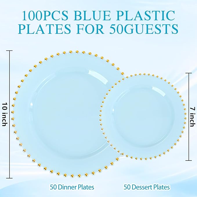 supernal 100PCS Blue Plastic Plates with Gold Beads - Disposable Heavy Duty Elegant Light Blue Plastic Plates Set Include 50 Dinner Plate and 50 Dessert Plate Perfect for Wedding, Birthday & Party