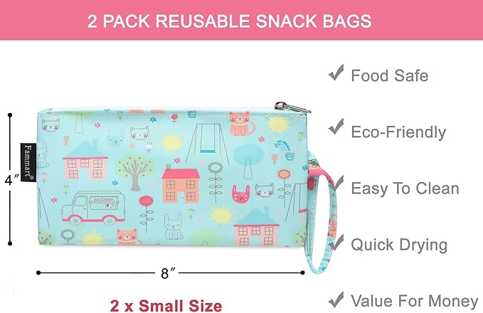 Reusable Sandwich Bag/Snack Bag for Kids & Adults, Dual Layer Lunch Bag with Handle, Washable, Food Safe, BPA Free (2-Pack, Colorful Cat)