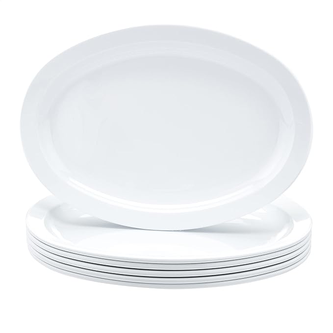 Amazon Basics Melamine (Plastic )Oval Platter Narrow Rim, 6 Piece Set, 13 in x 9.75 in, White (Previously AmazonCommercial brand)