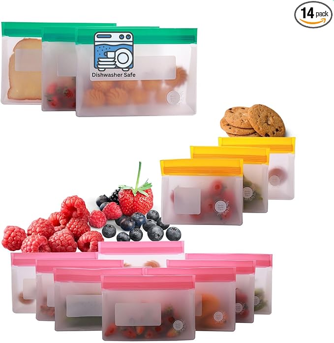 Reusable Silicone Food Storage Bags – 14-Pack Stand-Up, BPA-Free, Freezer, Dishwasher Safe & Eco-Friendly – 3 L, 8 M, 3 S Bags – Airtight Leakproof, Sandwich, Snack, and Meal Prep Baggies (Multicolor)
