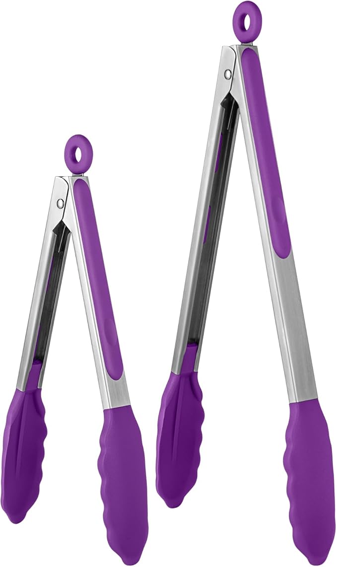 600ºF Heat Resistant Kitchen Tongs: U-Taste 9+12 inch Silicone Cooking Tong Set with Firm Sealed Non Stick Rubber Tips and Silicon Coated 18/8 Stainless Steel Handle for Serving Grilling Salad(Purple)