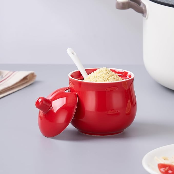 Ceramic Sugar Bowl with Lid and Spoon, Red Porcelain Sugar Salt Pepper Storage Jar, 8 Ounces