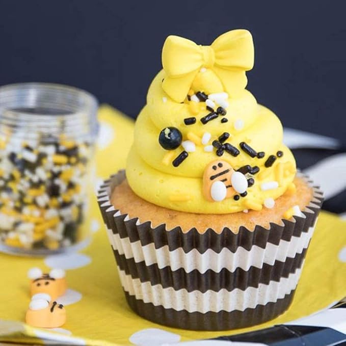 Bumble Bee Sprinkles for Cake Decorating and Baking Cookies, Cupcakes - Edible Batman Sprinkles and Bee Cake Decorations in Yellow Black White Jimmies, Nonpareils, Sugar Crystal, and Pearl Sprinkles