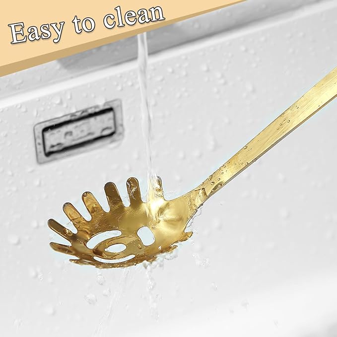 Gold Spaghetti Spoon, ReaNea Pasta Server, Stainless Steel Pasta Spoon with Teeth, One-Piece Metal Pasta Fork, Noddle Fork Gold Kitchen Accessories Utensils, Heat Resistant, Dishwasher Safe