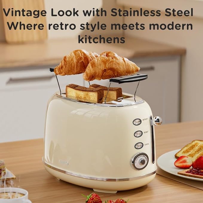 Toaster Retro 2 Slice, Vintage White Toaster with Lid, with Bread Attachment, Preheat, Defrost And Cancel Functions, 6 Browning Levels (Beige)