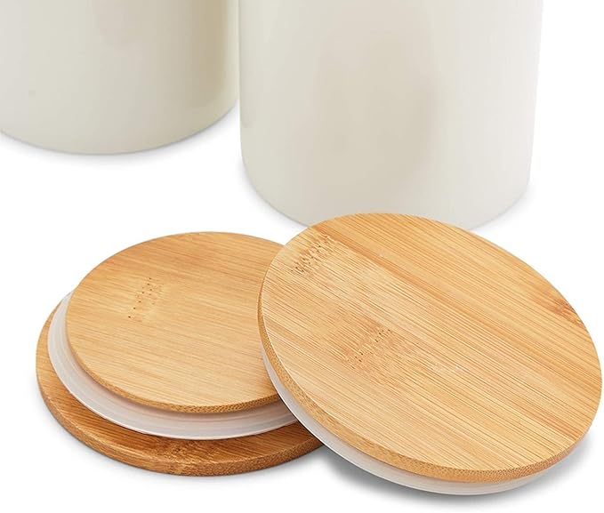 Farmlyn Creek Set of 3 White Ceramic Canisters with Airtight Wooden Bmaboo Lids - Kitchen Counter Containers - Food Storage Jars for Storing Sugar, Coffee, Snacks and Other Dry Goods (3 Sizes)