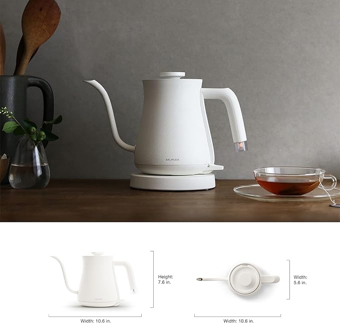 BALMUDA The Kettle | Electric Gooseneck Kettle | Lightweight | Stainless Steel | 0.6L (20fl oz) Capacity | Neon Light Indicator | Perfect for Tea and Coffee | US Version | White