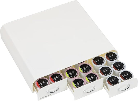 Mind Reader Single Serve Coffee Pod Organizer with 3 Drawers, 36 Pod Capacity, Countertop , 12.25"L x 13.5"W x 2.5"H, White