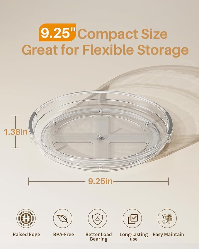 LAMU 2 Pack Lazy Susan Organizer 9.25 inch Lazy Susan Turntable for Cabinet, Rotating Spice Organization for Cabinet, Kitchen, Table Top, Countertop, Pantry Fridge Organizers and Storage, Clear