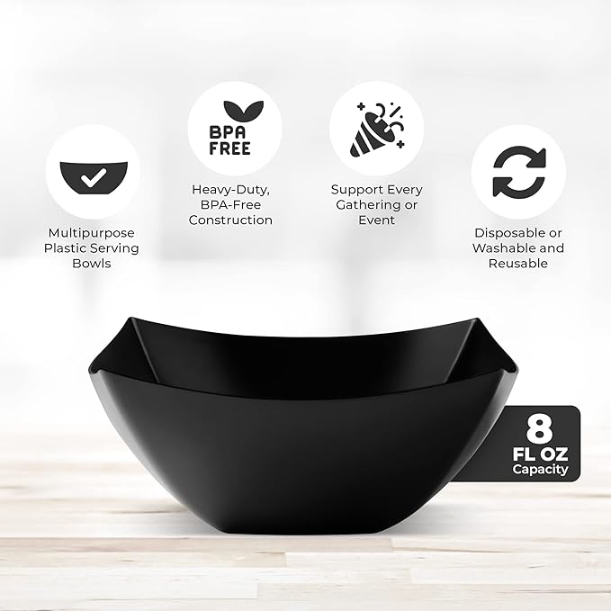 Posh Setting - Black Plastic Serving Bowls for Party (8oz - 4 Pack) Square Bowls, Disposable Chip Bowls, Candy Bowls for Party Table, Salad & Fruit Bowls for Party, Candy Containers for Candy Buffet