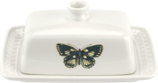 Portmeirion Botanic Garden Harmony Covered Butter Dish, 7.5 Inch - Porcelain Butter Keeper with Butterfly Motif - Dishwasher, Microwave, Freezer, Oven Safe - Vintage Inspired Kitchenware