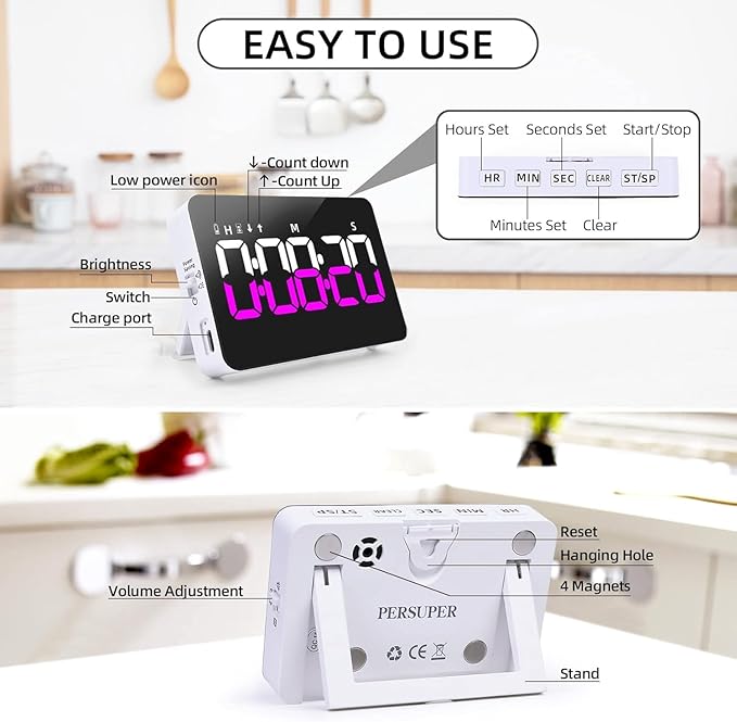 Kitchen Digital Timer, Count Down Up, Rechargeable, Vibration Mode Adjustable Volume and Brightness LED Display, Time Management Cook, Desk, Kids Adults Study Teaching, Kitchen Gadgets