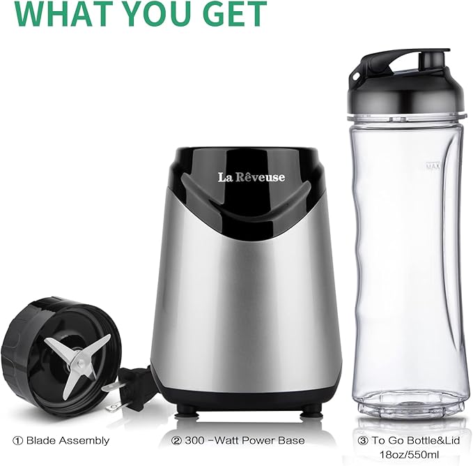La Reveuse Smoothies Blender Personal Size 300 Watts with 18 oz BPA-Free Portable Travel Sports Bottle, Silver