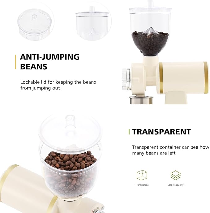 Electric Coffee Grinder Burr Espresso Coffee Bean Grinder Small Automatic Stainless Steel Coffee Mill With Brush, Creamy White