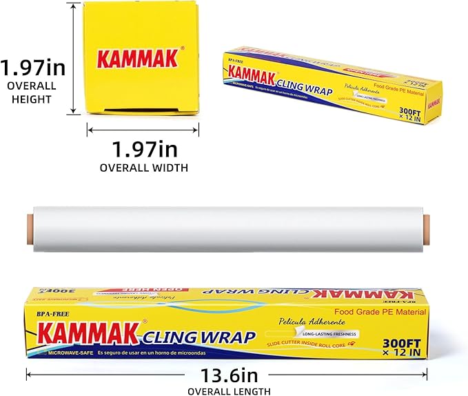 KAMMAK Plastic Wrap with Slide Cutter Food Cling Wrap 12 Inch Kitchen Cling Film BPA-Free Microwave-Safe 300 Ft Roll Food Service Film Quick Cut for Restaurant (2 Pack)