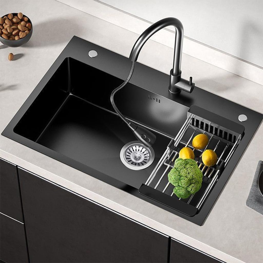 Black Drop in Kitchen Sink, Stainless Steel Single Bowl Sink with 3 Holes, Topmount Workstation Sink, Farmhouse Rectangle Basin with Multiple Accessories (29.5 * 17.7 * 7.9in)