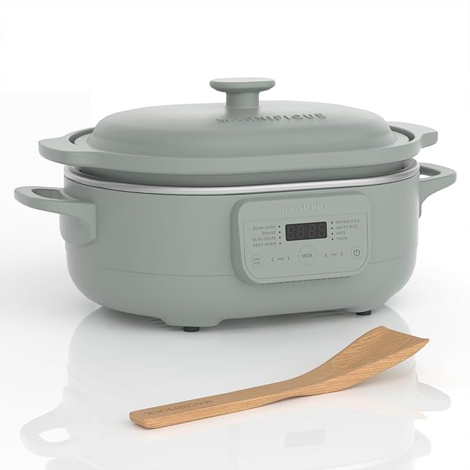 MAGNIFIQUE 4 Quart Claypot Multi-Cooker, with 8-in-1 Casserole Programmable Slow Cooker, Dutch Oven, Pasta, Nonstick Oven Safe Pot to 450°F, Olive