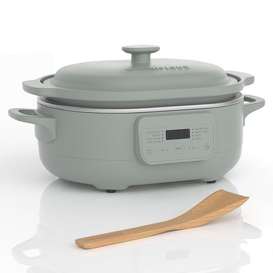 MAGNIFIQUE 4 Quart Claypot Multi-Cooker, with 8-in-1 Casserole Programmable Slow Cooker, Dutch Oven, Pasta, Nonstick Oven Safe Pot to 450°F, Olive