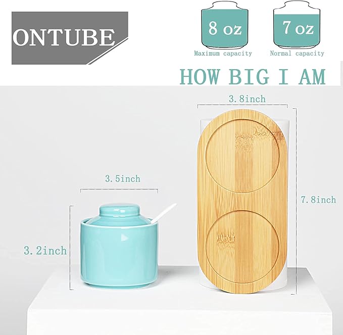 ONTUBE Ceramic Sugar Bowl with Lid and Spoon Set of 2,Porcelain Seasoning Box Salt Bowl with Tray,8oz (Turquoise Blue)