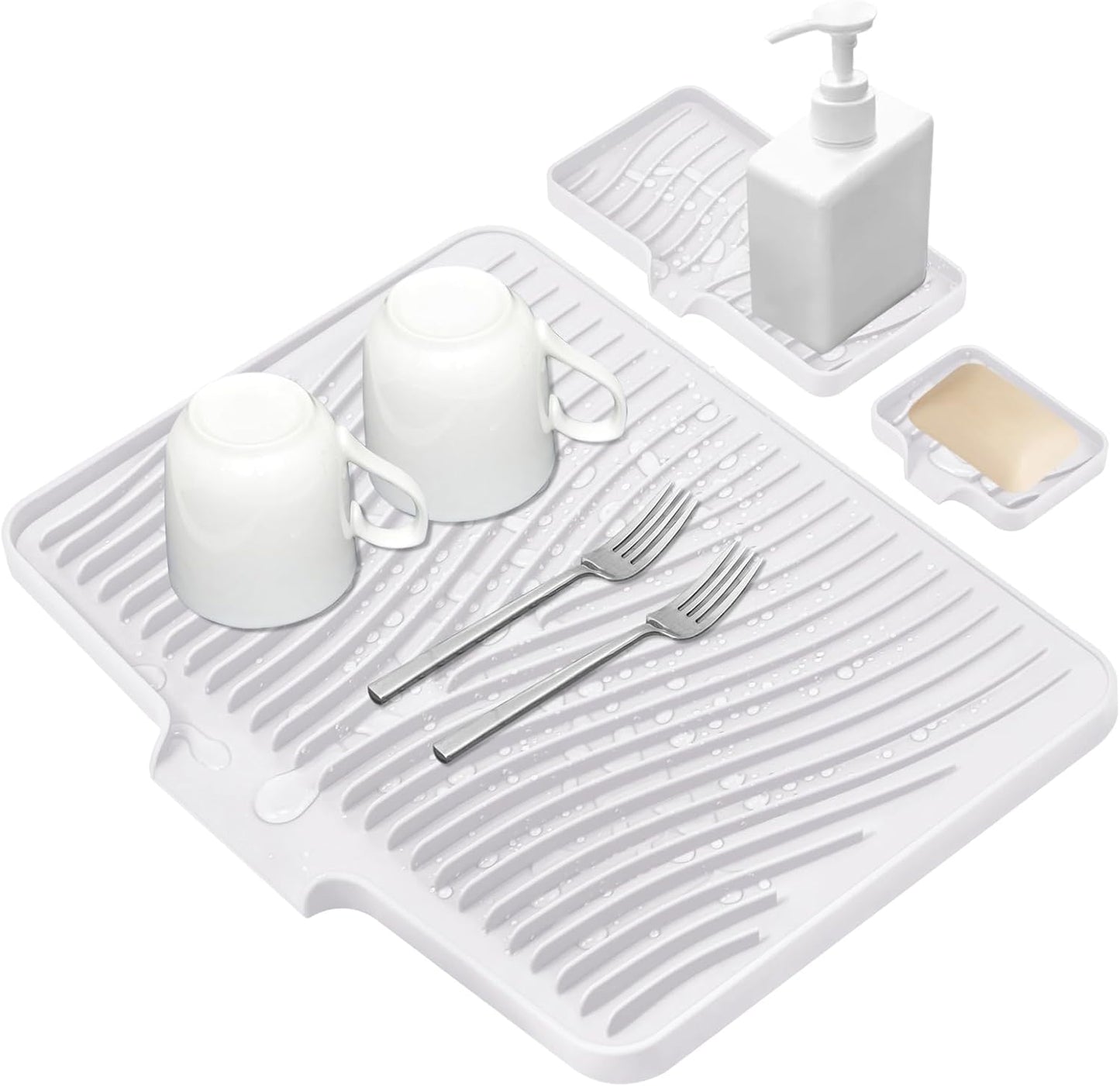 Silicone Dish Drying Mat for Kitchen Counter, Dish Drying Pad, Non-Slip Drain Pad with Built-in Drain, Heat Resistant Stone Drying Mat,Large 1 set XL(Ivory)